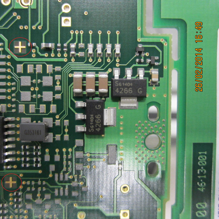 Small sample of pcb with crosses for fiducial aligment